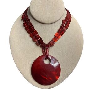 Red Shell Statement Necklace Disc Pendant Bead Bib Chunky Bohemian Boho Jewelry